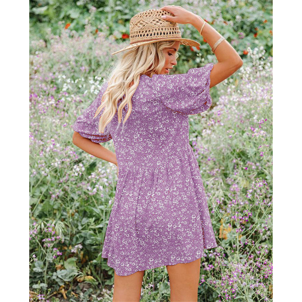 YESFASHION Floral Lantern Sleeves Casual Women Dress