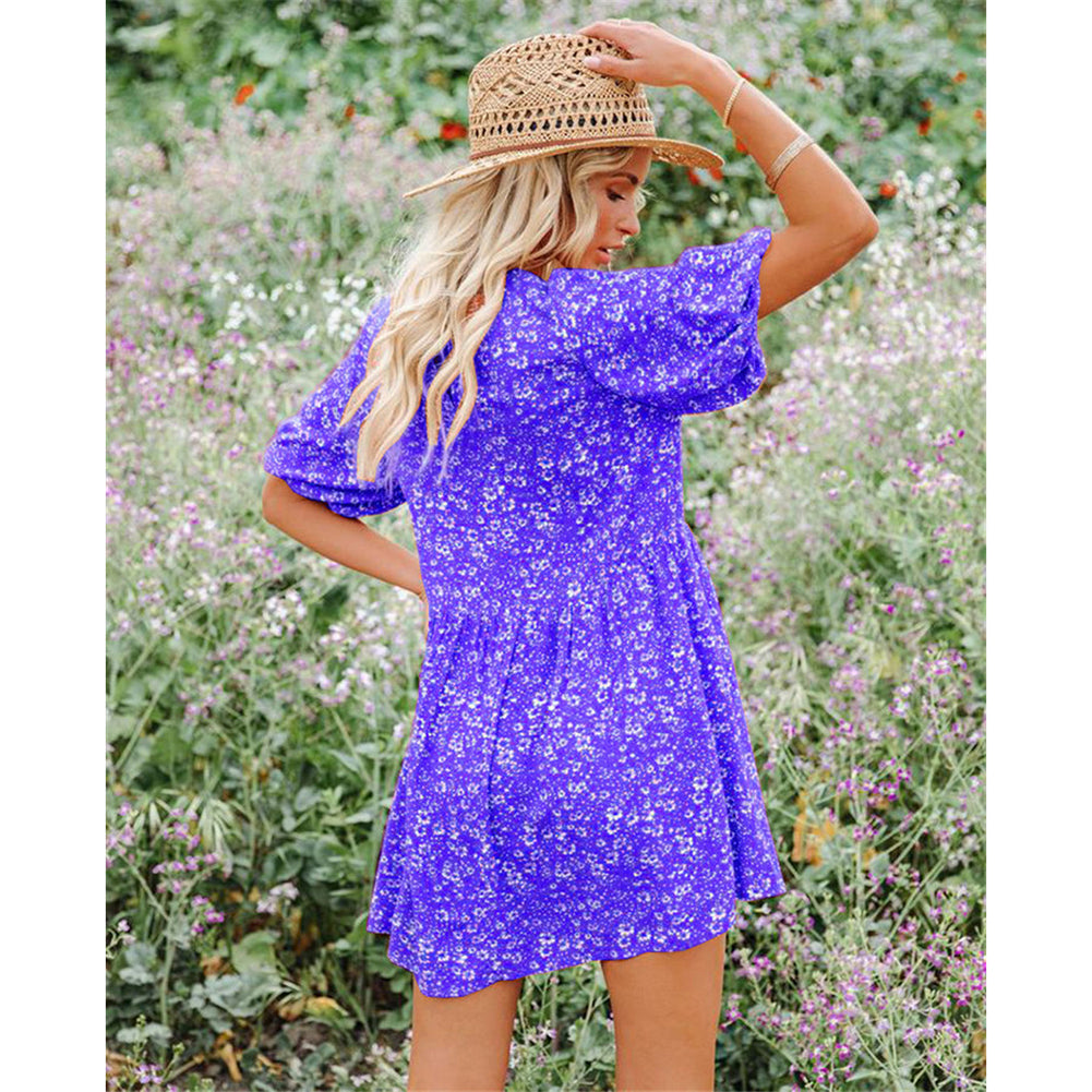 YESFASHION Floral Lantern Sleeves Casual Women Dress
