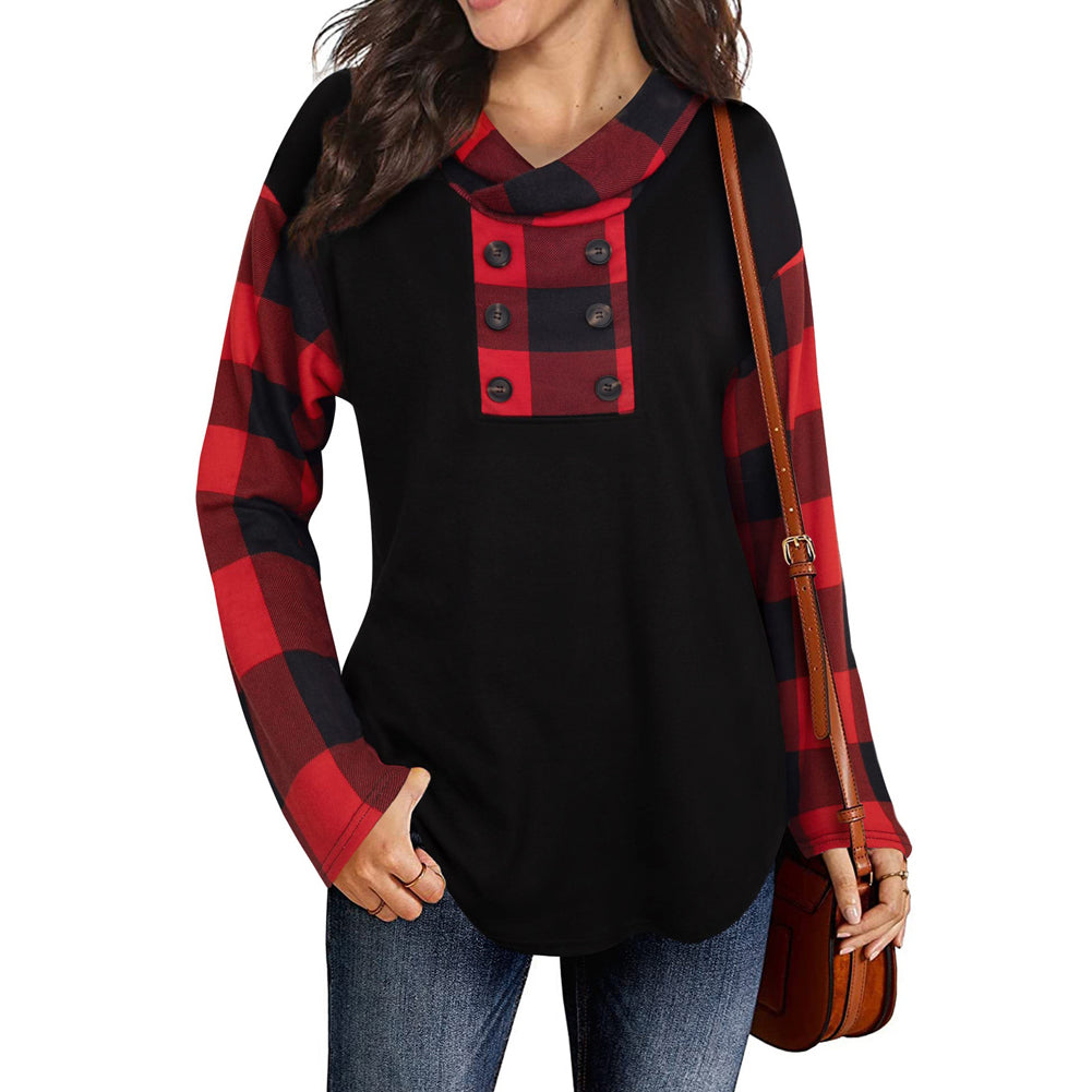 YESFASHION Women Long-sleeved Tops Plaid Hooded Sweater T-shirt