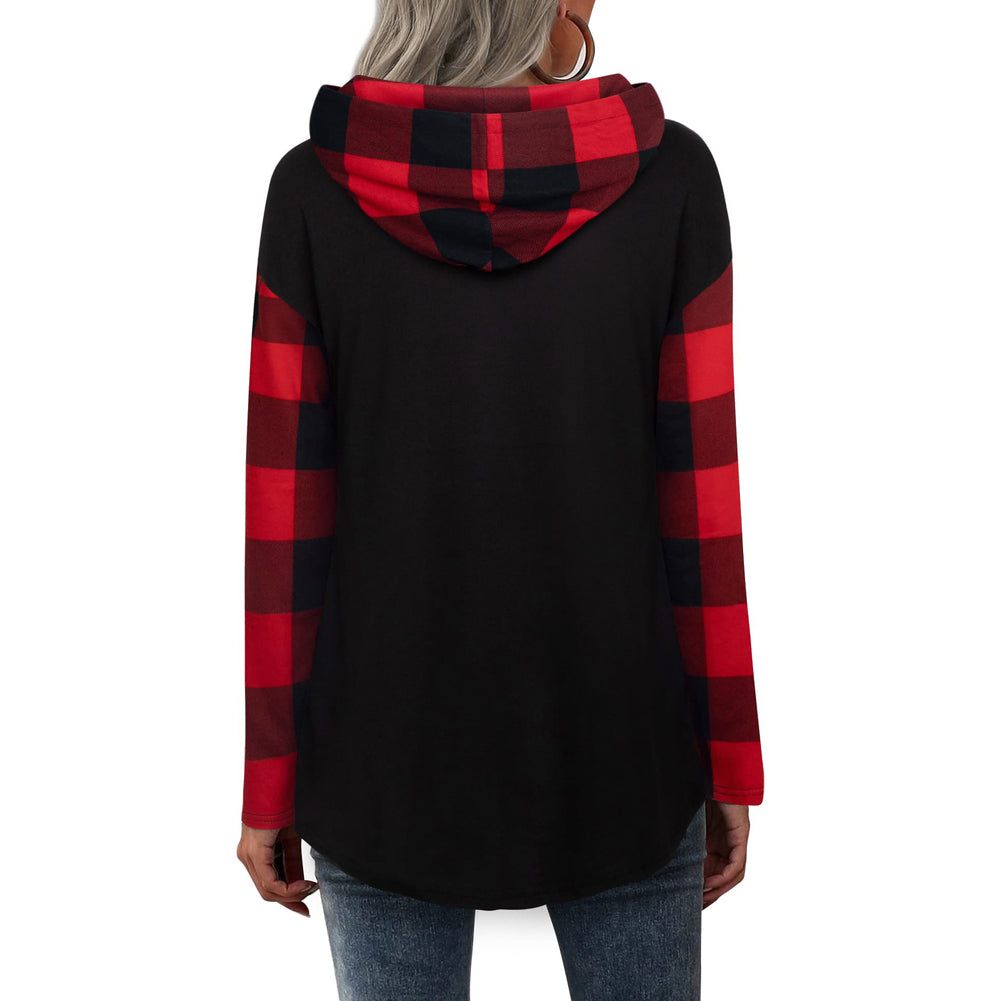 YESFASHION Women Long-sleeved Tops Plaid Hooded Sweater T-shirt