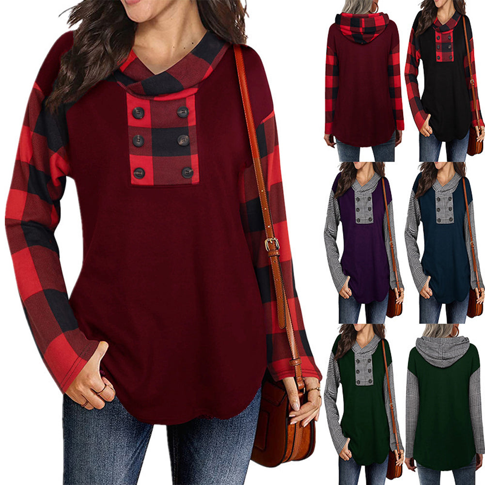 YESFASHION Women Long-sleeved Tops Plaid Hooded Sweater T-shirt