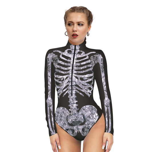 Halloween Skull Digital Print Ladies Zip Tight Long Sleeve Jumpsuit Leggings Button Open