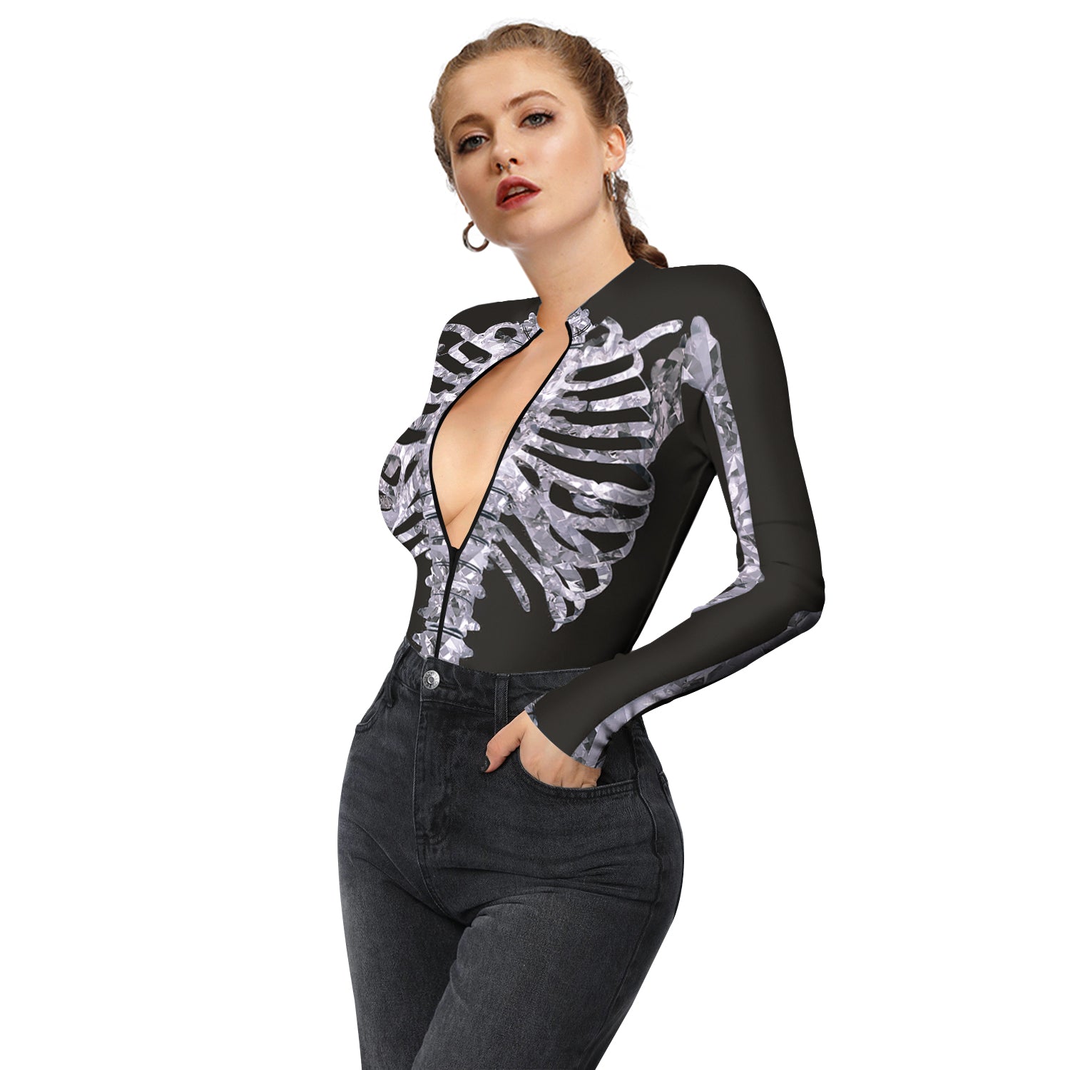 Halloween Skull Digital Print Ladies Zip Tight Long Sleeve Jumpsuit Leggings Button Open