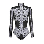 Halloween Skull Digital Print Ladies Zip Tight Long Sleeve Jumpsuit Leggings Button Open