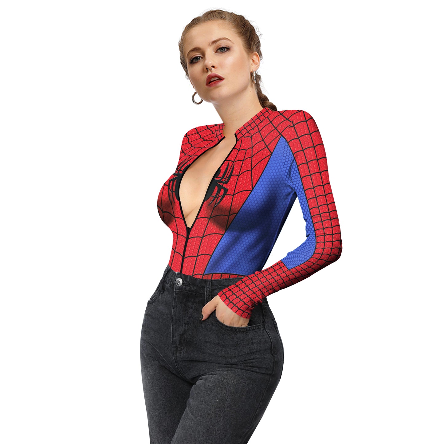 Halloween Skull Digital Print Ladies Zip Tight Long Sleeve Jumpsuit Leggings Button Open