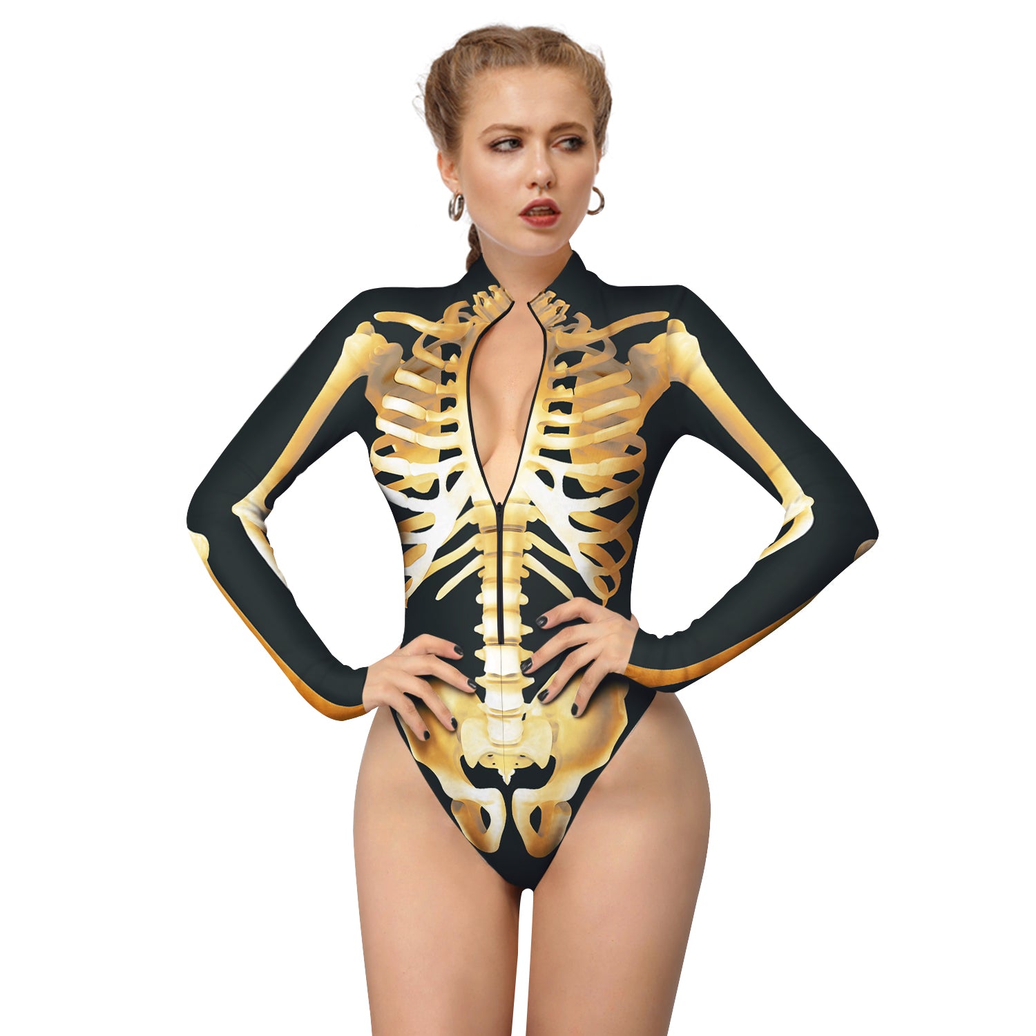 Halloween Skull Digital Print Ladies Zip Tight Long Sleeve Jumpsuit Leggings Button Open