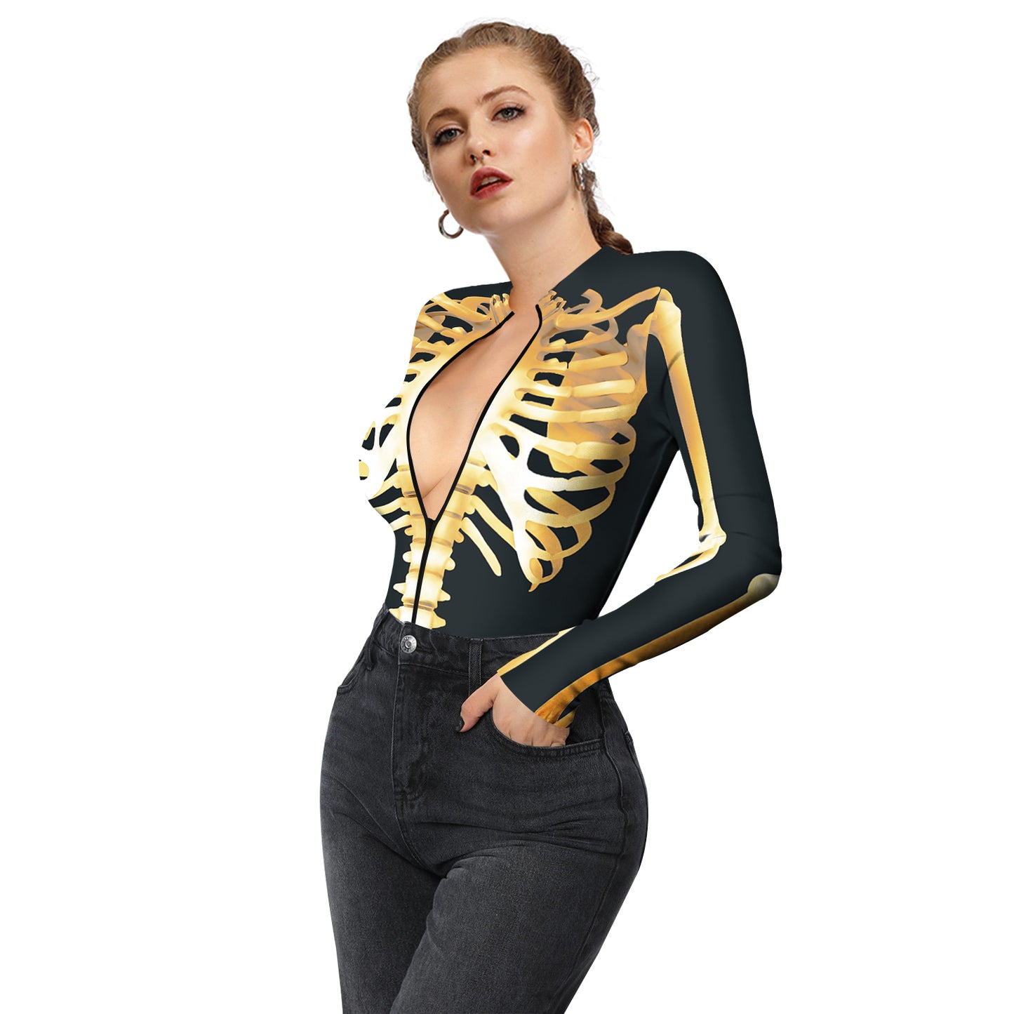 Halloween Skull Digital Print Ladies Zip Tight Long Sleeve Jumpsuit Leggings Button Open