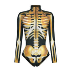 Halloween Skull Digital Print Ladies Zip Tight Long Sleeve Jumpsuit Leggings Button Open