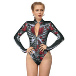 Halloween Skull Digital Print Ladies Zip Tight Long Sleeve Jumpsuit Leggings Button Open