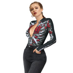 Halloween Skull Digital Print Ladies Zip Tight Long Sleeve Jumpsuit Leggings Button Open
