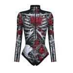 Halloween Skull Digital Print Ladies Zip Tight Long Sleeve Jumpsuit Leggings Button Open