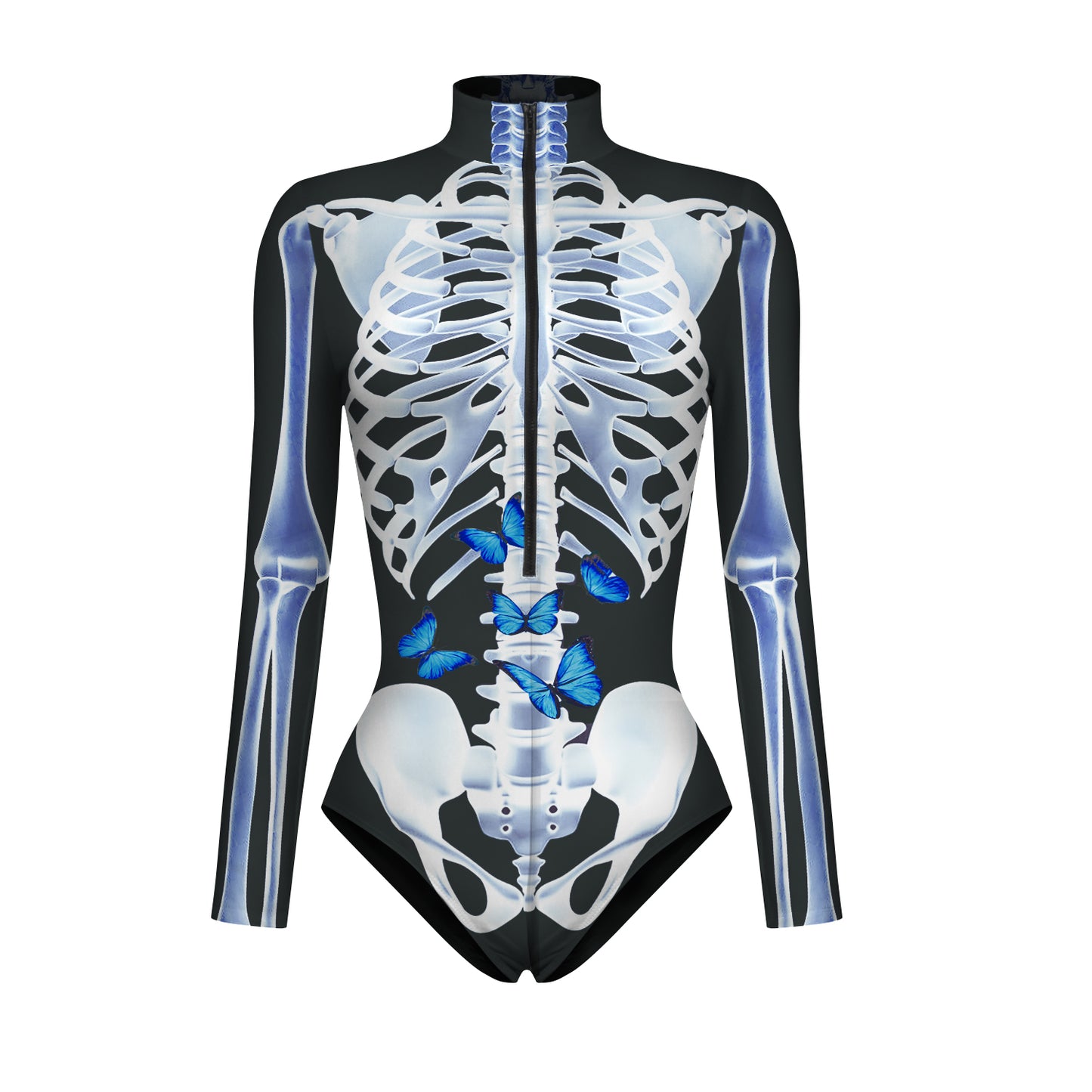 Halloween Skull Digital Print Ladies Zip Tight Long Sleeve Jumpsuit Leggings Button Open