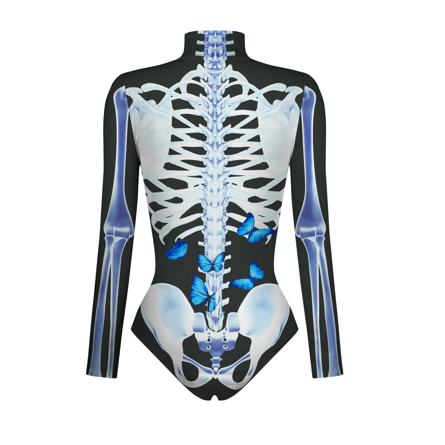 Halloween Skull Digital Print Ladies Zip Tight Long Sleeve Jumpsuit Leggings Button Open