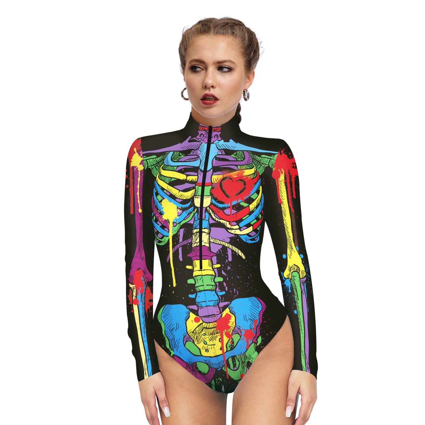 Halloween Skull Digital Print Ladies Zip Tight Long Sleeve Jumpsuit Leggings Button Open