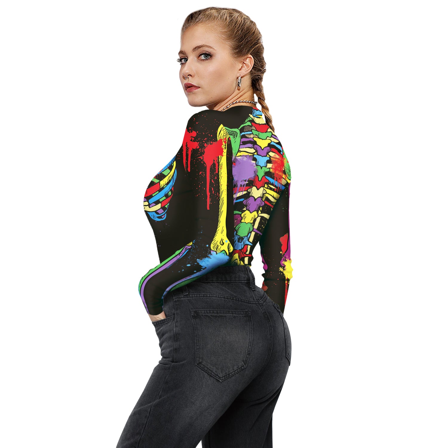 Halloween Skull Digital Print Ladies Zip Tight Long Sleeve Jumpsuit Leggings Button Open