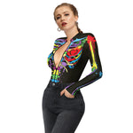 Halloween Skull Digital Print Ladies Zip Tight Long Sleeve Jumpsuit Leggings Button Open