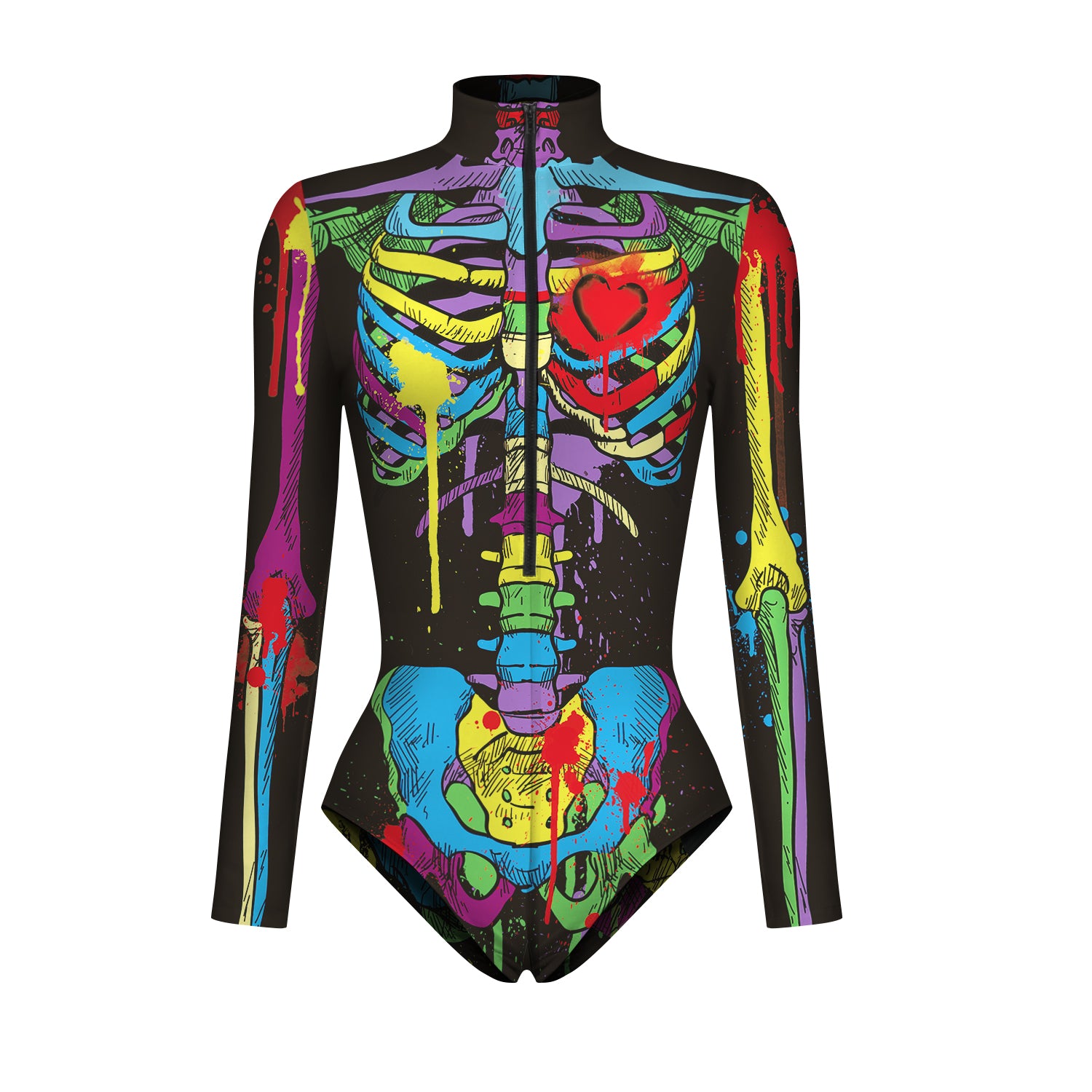 Halloween Skull Digital Print Ladies Zip Tight Long Sleeve Jumpsuit Leggings Button Open