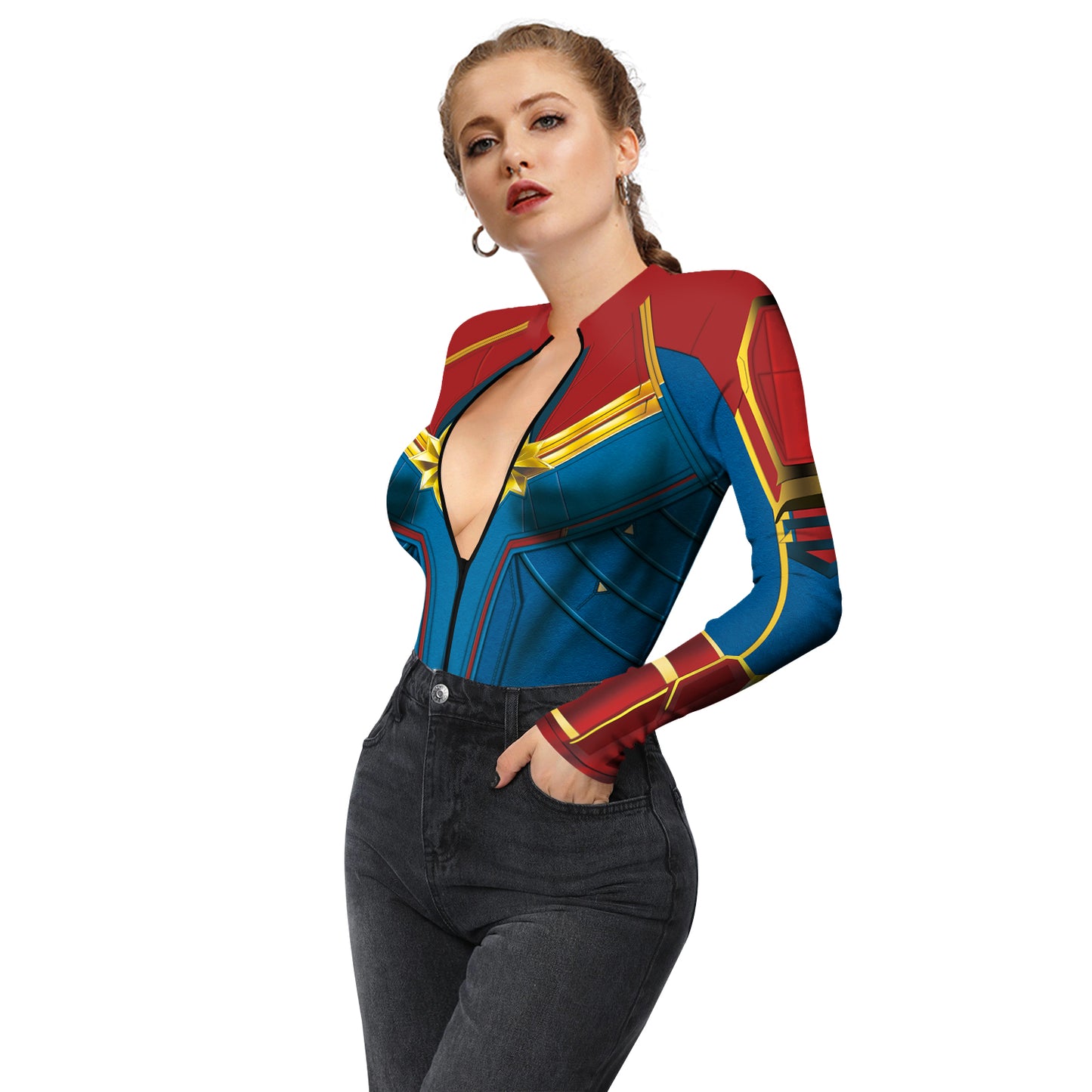Halloween Skull Digital Print Ladies Zip Tight Long Sleeve Jumpsuit Leggings Button Open