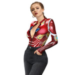 Halloween Skull Digital Print Ladies Zip Tight Long Sleeve Jumpsuit Leggings Button Open