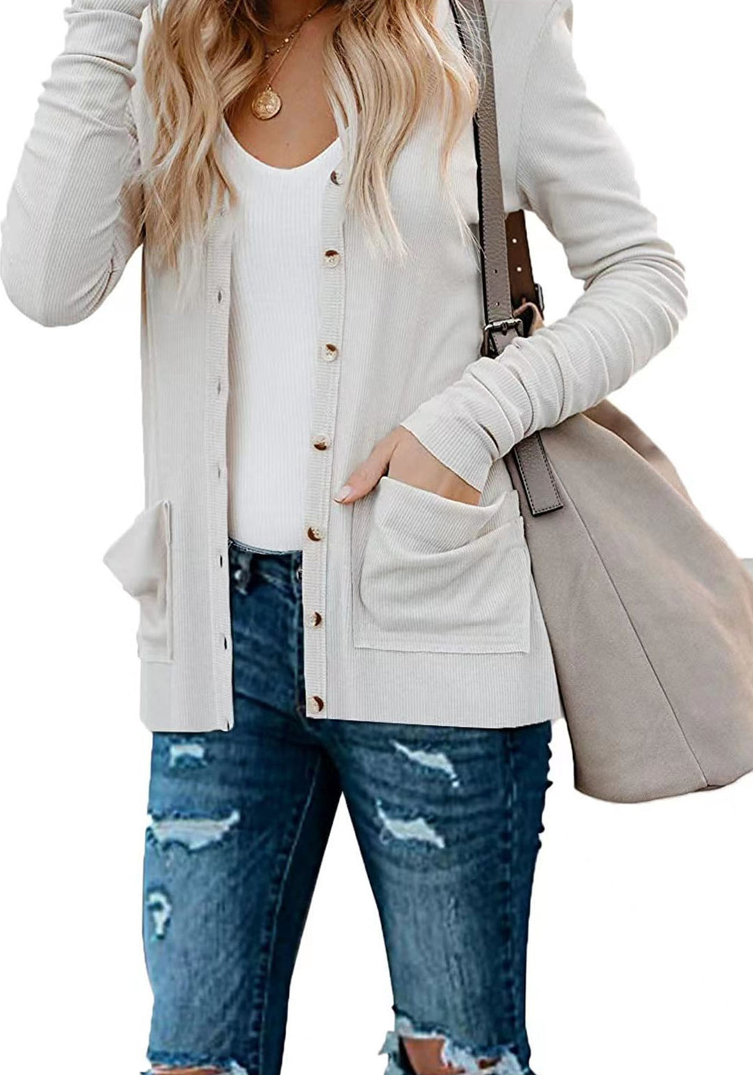 YESFASHION Women Rib Button Knit Long Sleeve Cardigan Sweaters