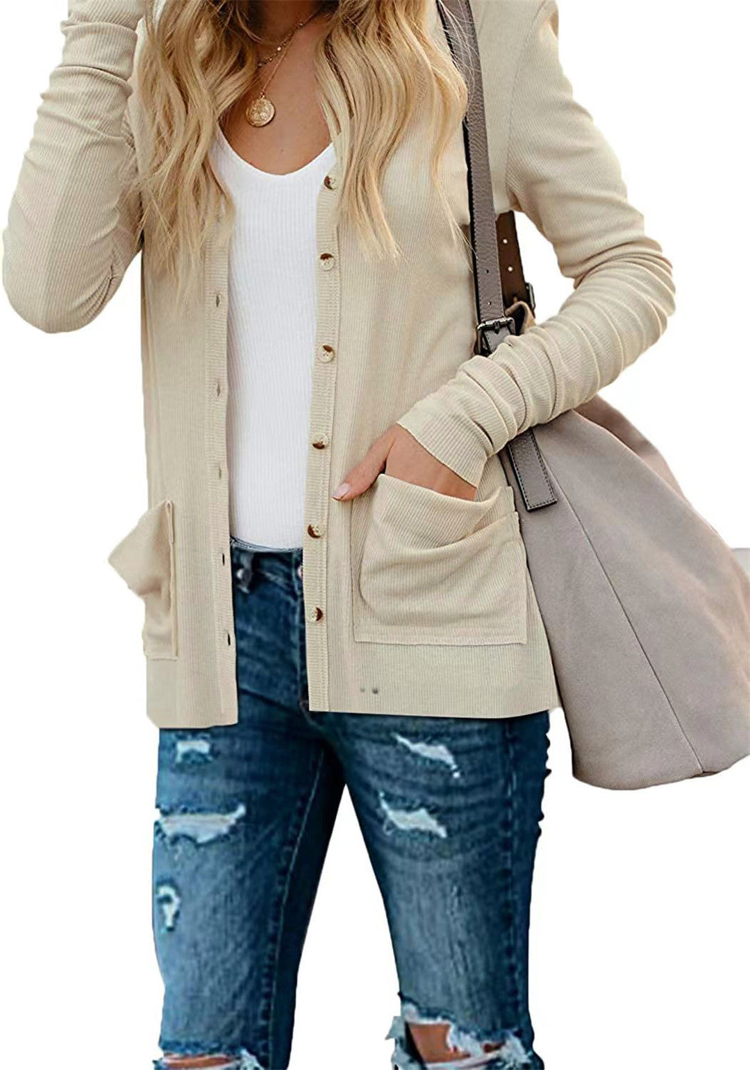 YESFASHION Women Rib Button Knit Long Sleeve Cardigan Sweaters