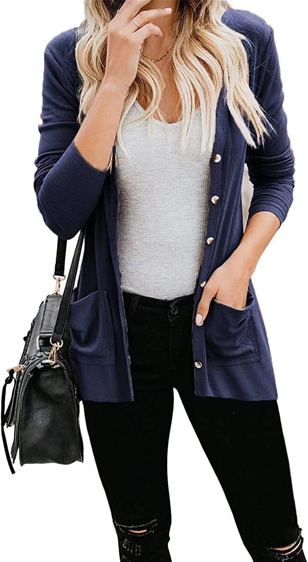 YESFASHION Women Rib Button Knit Long Sleeve Cardigan Sweaters
