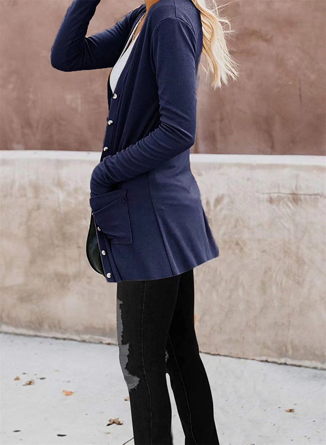 YESFASHION Women Rib Button Knit Long Sleeve Cardigan Sweaters