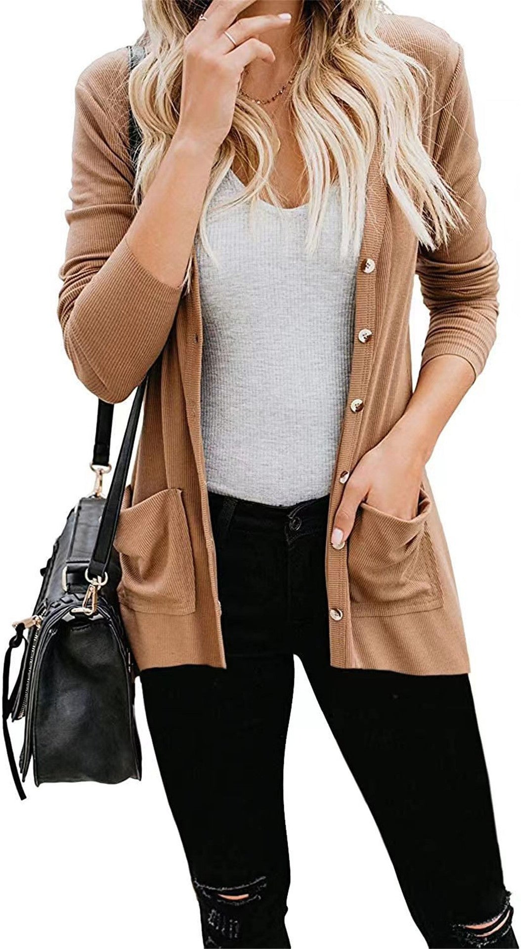 YESFASHION Women Rib Button Knit Long Sleeve Cardigan Sweaters