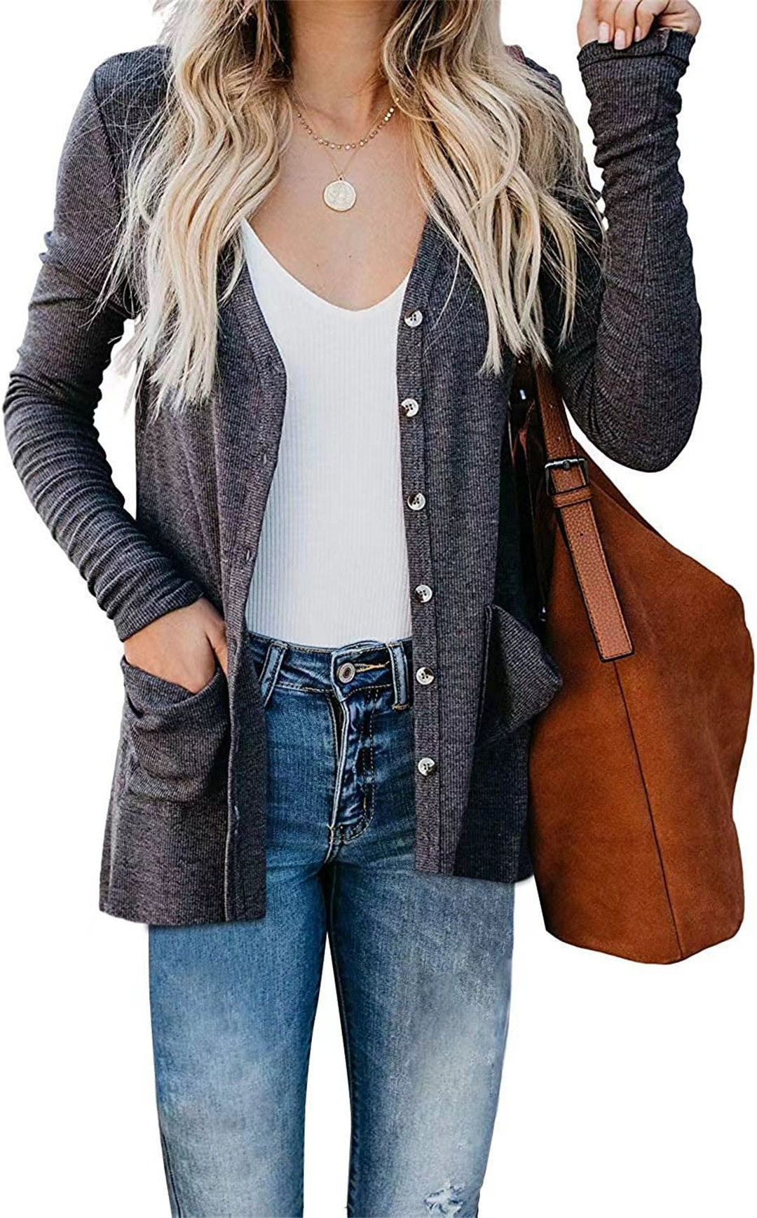 YESFASHION Women Rib Button Knit Long Sleeve Cardigan Sweaters