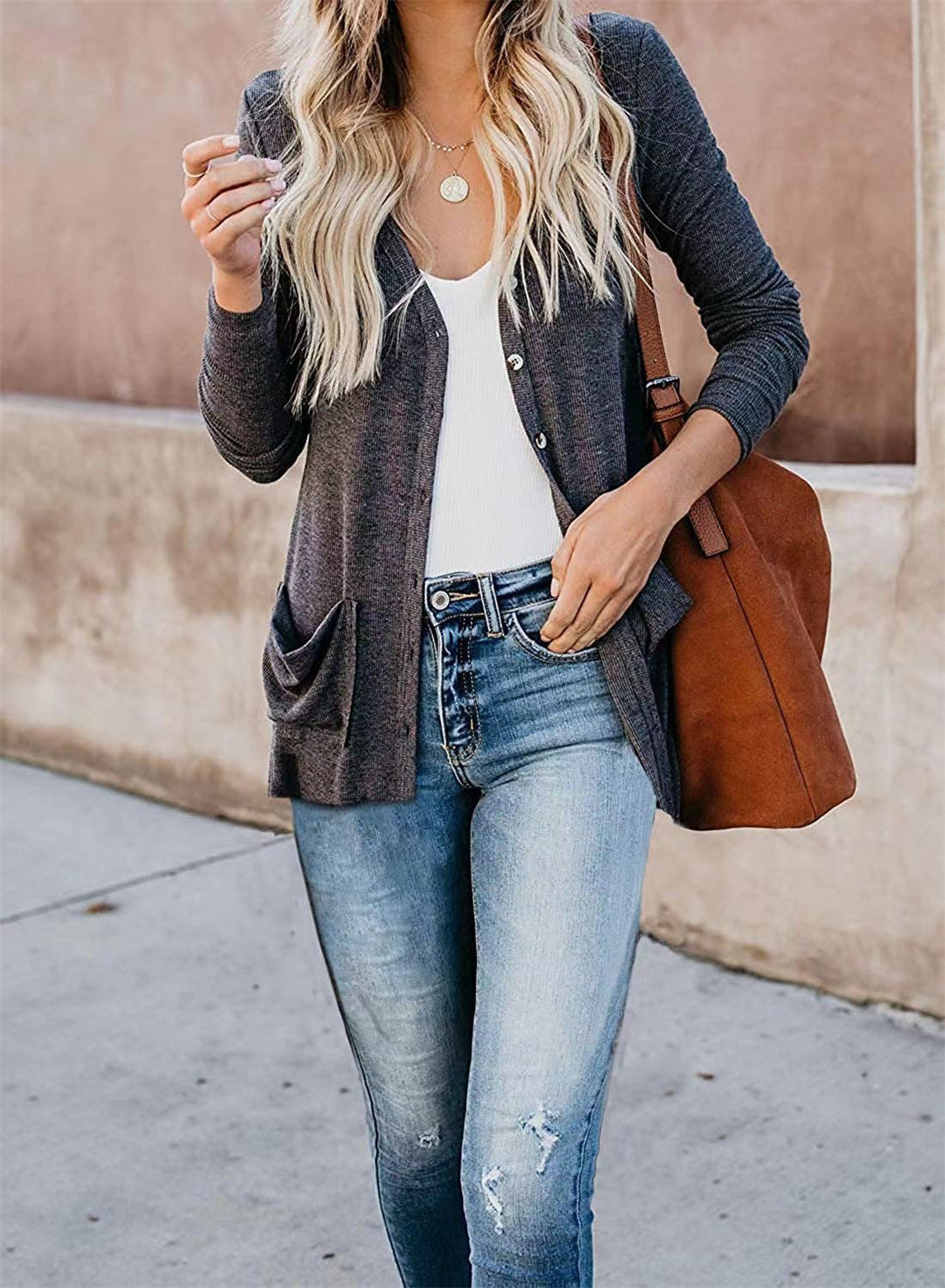 YESFASHION Women Rib Button Knit Long Sleeve Cardigan Sweaters