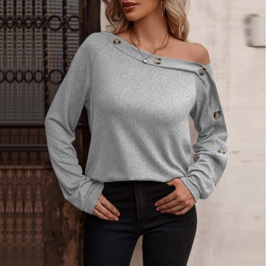 YESFASHION Women Button Off-the-shoulder Long-sleeved Tops