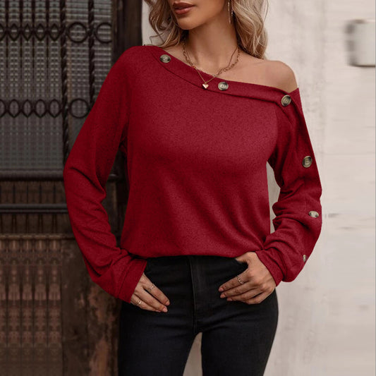 YESFASHION Women Button Off-the-shoulder Long-sleeved Tops