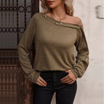 YESFASHION Women Button Off-the-shoulder Long-sleeved Tops