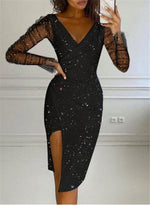 Women Sequins V-neck Pack Hip Sexy Mesh Dress Dress Women