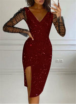 Women Sequins V-neck Pack Hip Sexy Mesh Dress Dress Women