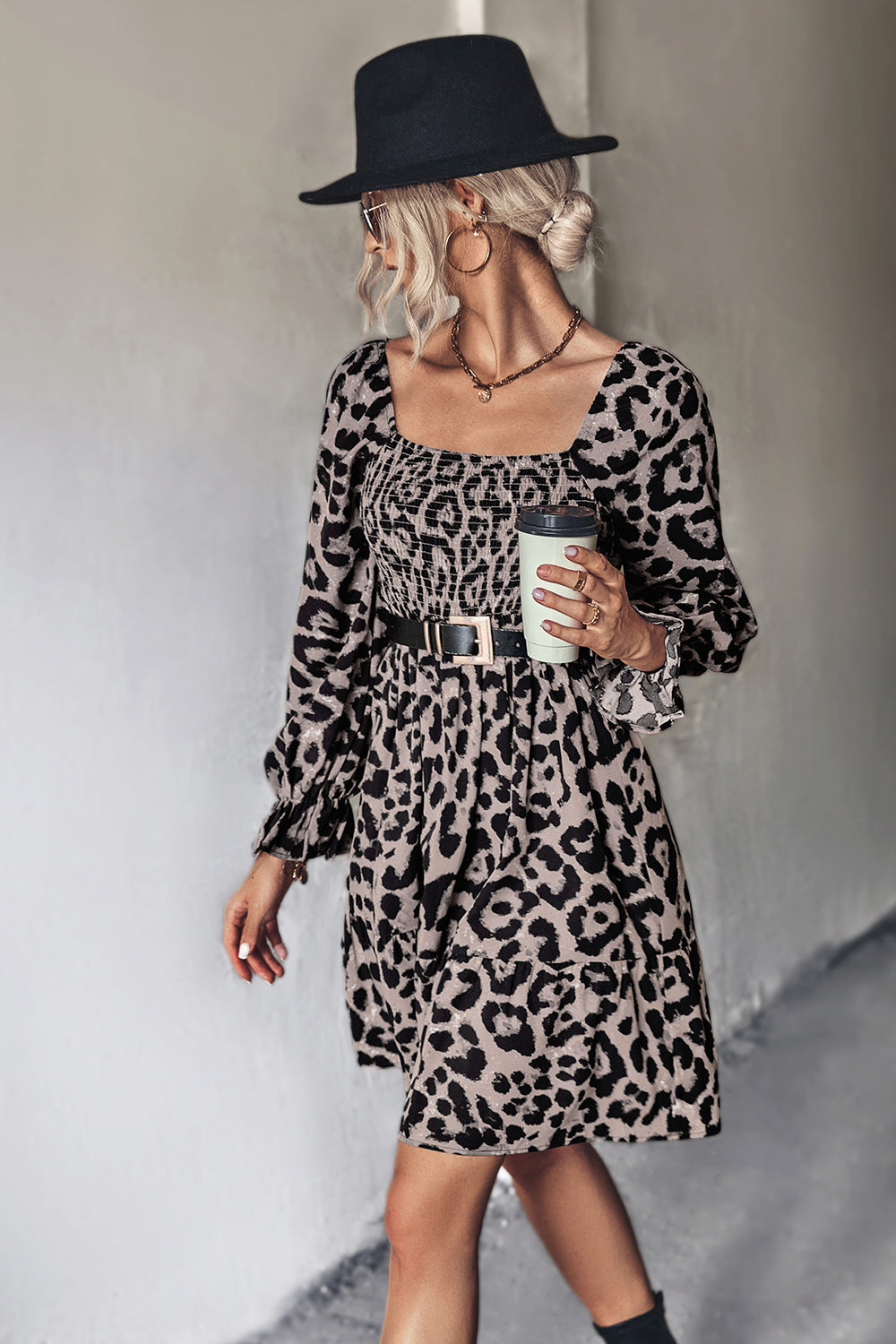 YESFASHION Hot Sale Classic Leopard Print Long Sleeve Dress