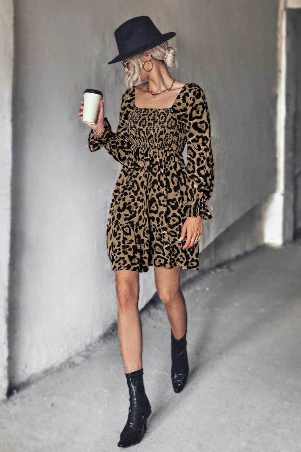 YESFASHION Hot Sale Classic Leopard Print Long Sleeve Dress