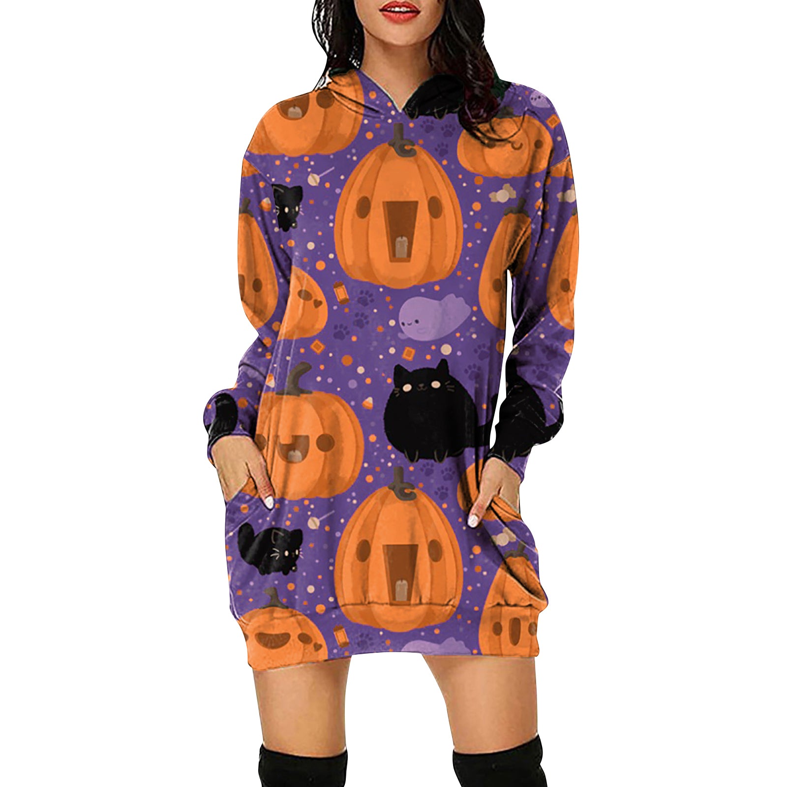 YESFASHION Halloween Women Hooded Long-sleeve Dress