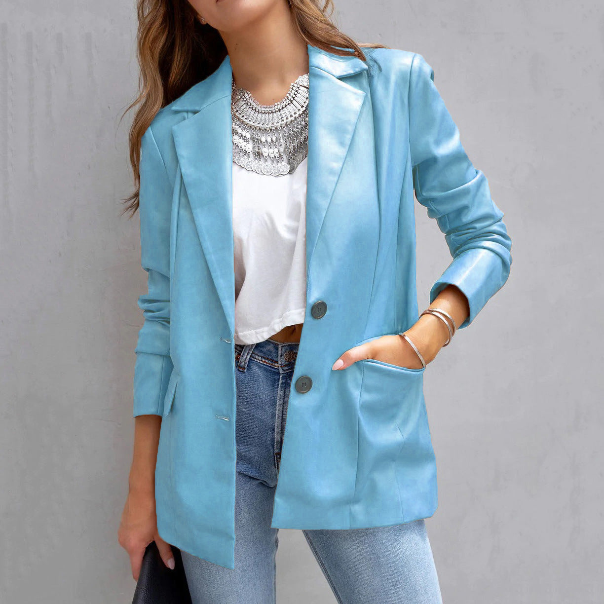 YESFASHION Women Pocket Casual Leather Suit