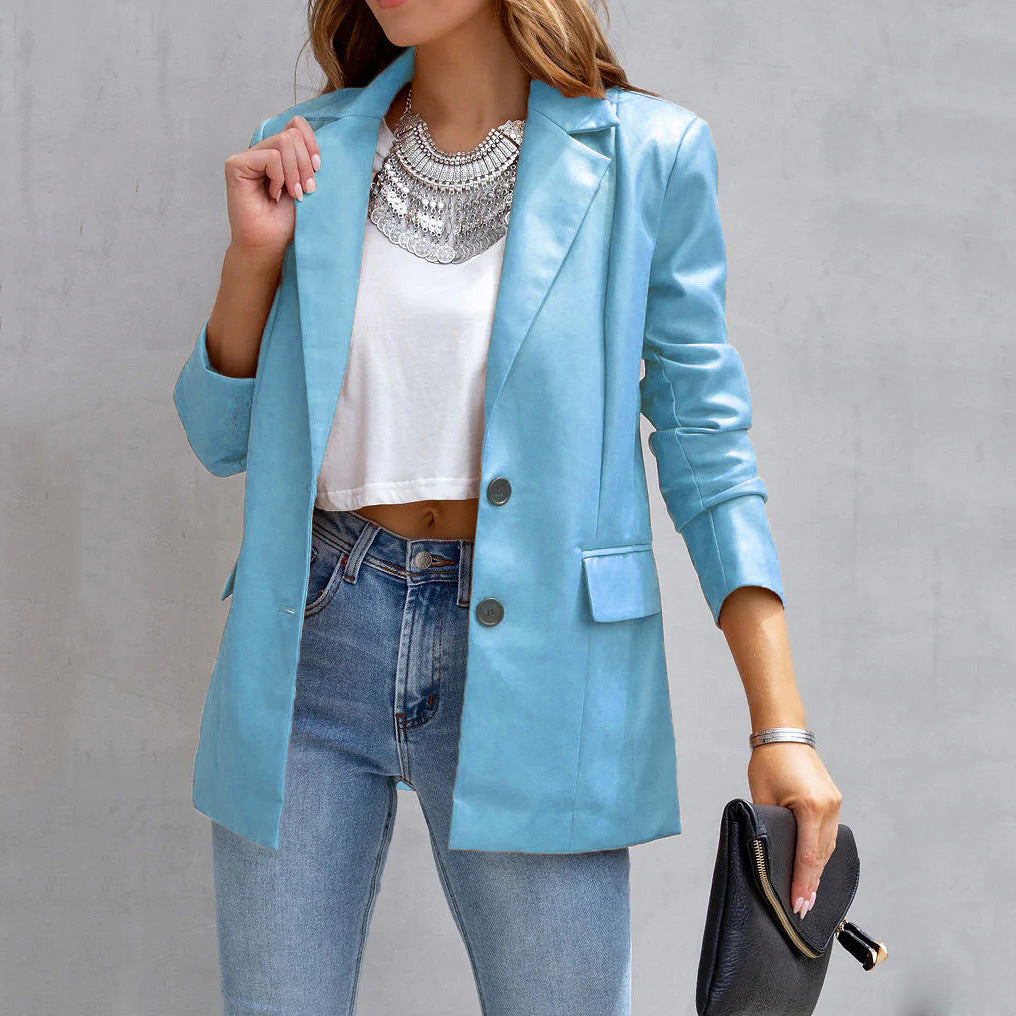 YESFASHION Women Pocket Casual Leather Suit