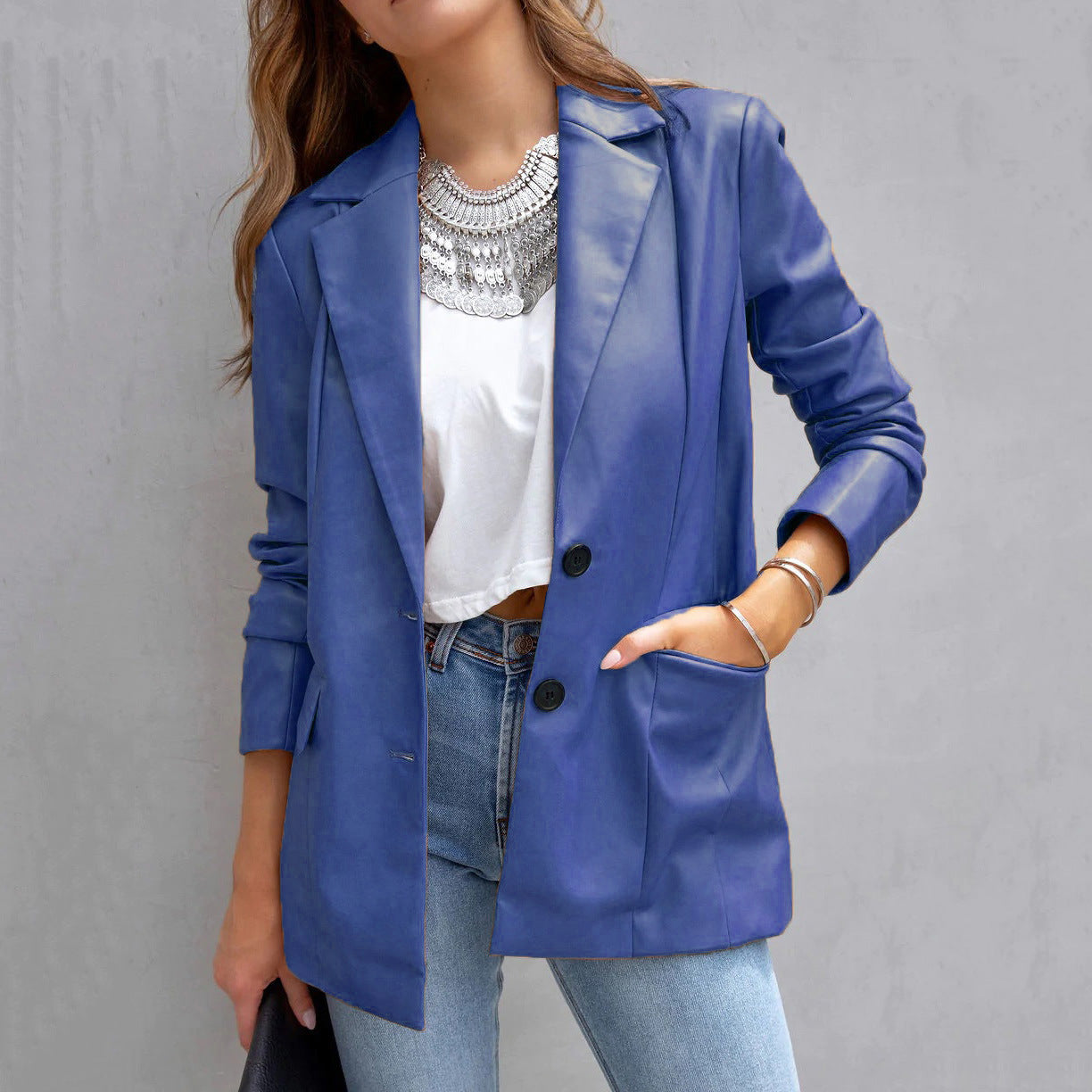 YESFASHION Women Pocket Casual Leather Suit