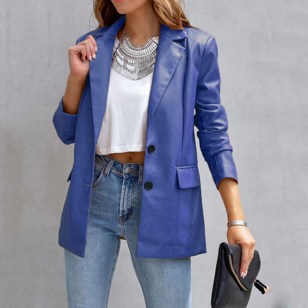 YESFASHION Women Pocket Casual Leather Suit