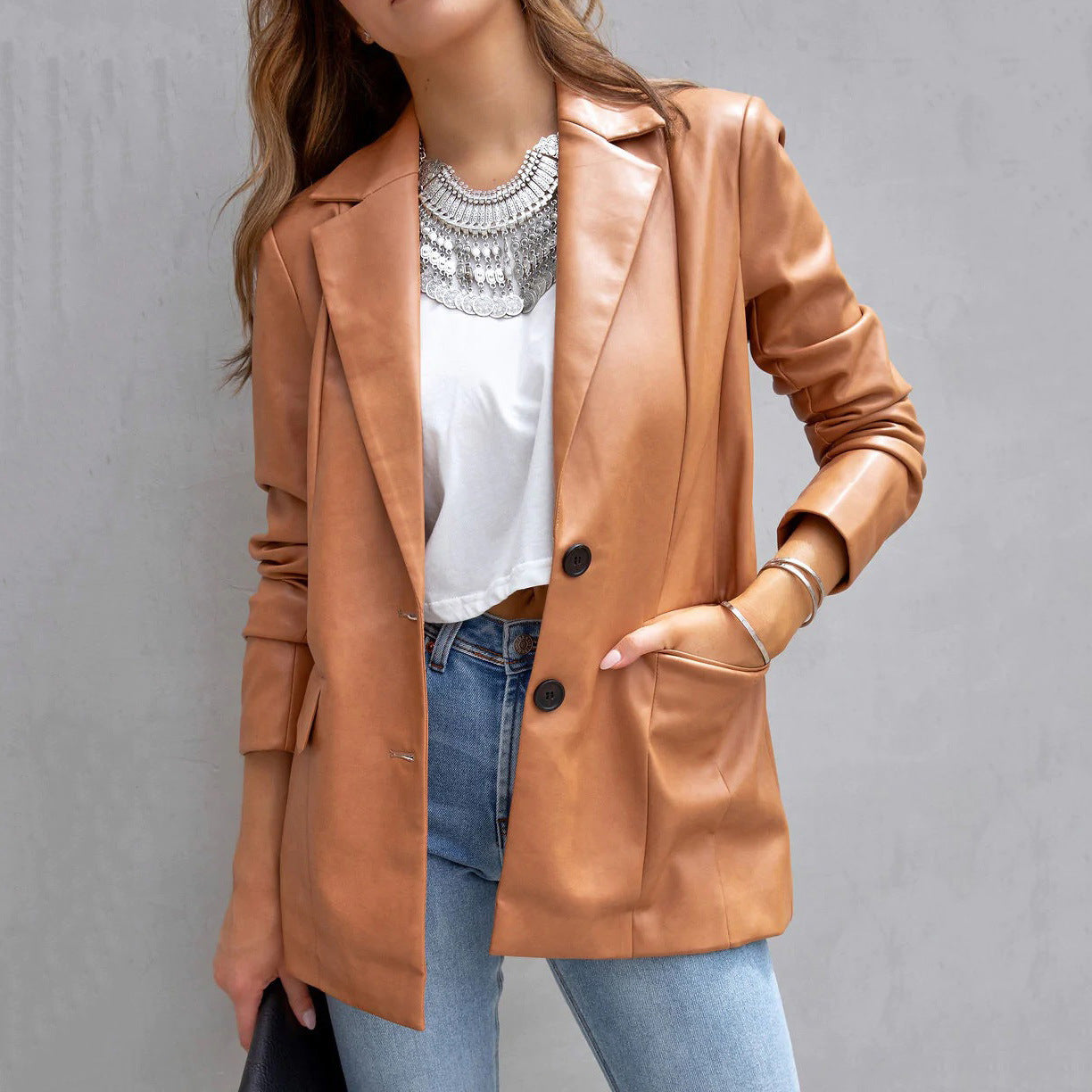 YESFASHION Women Pocket Casual Leather Suit