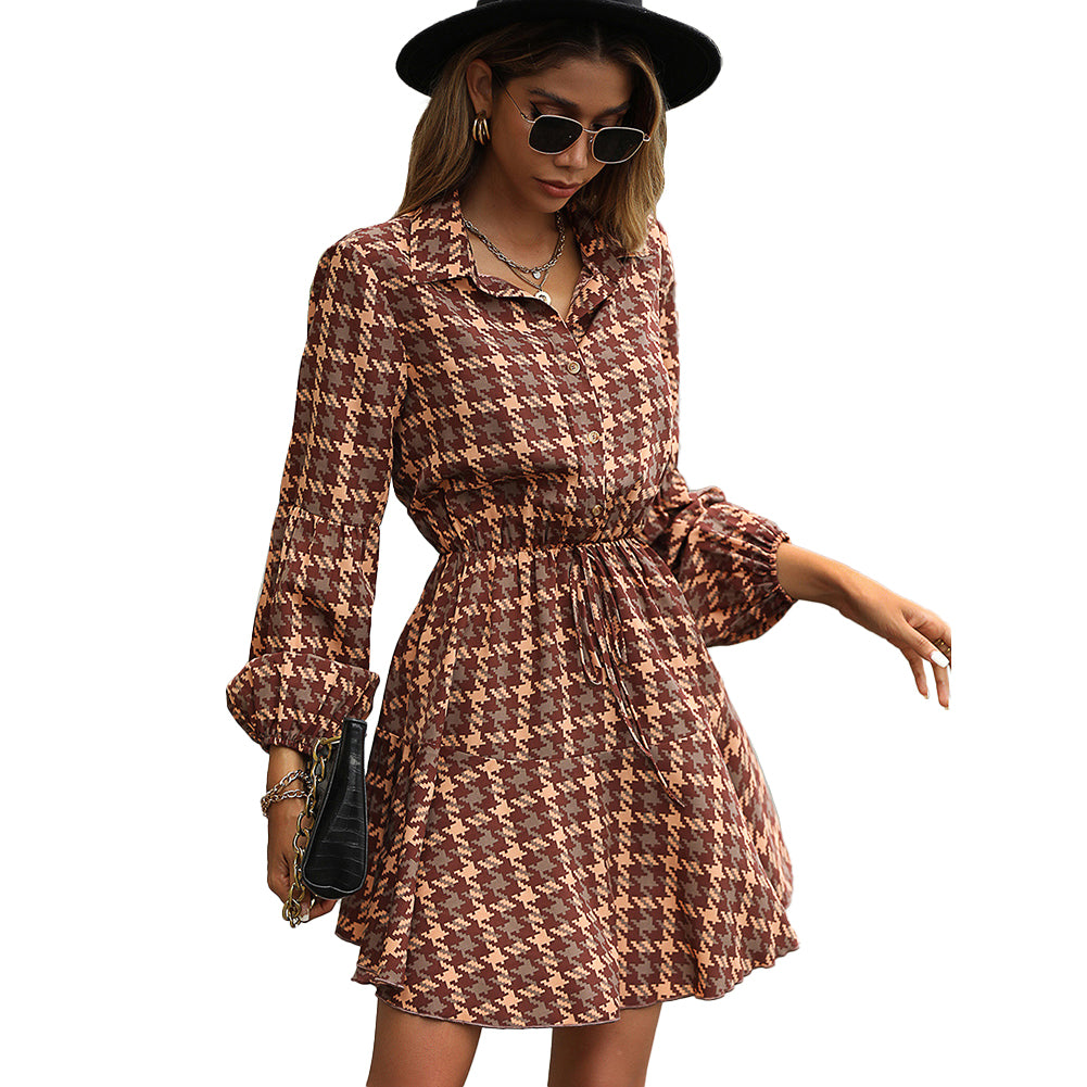 YESFASHION Women Clothing For Long-sleeved Plaid Dress