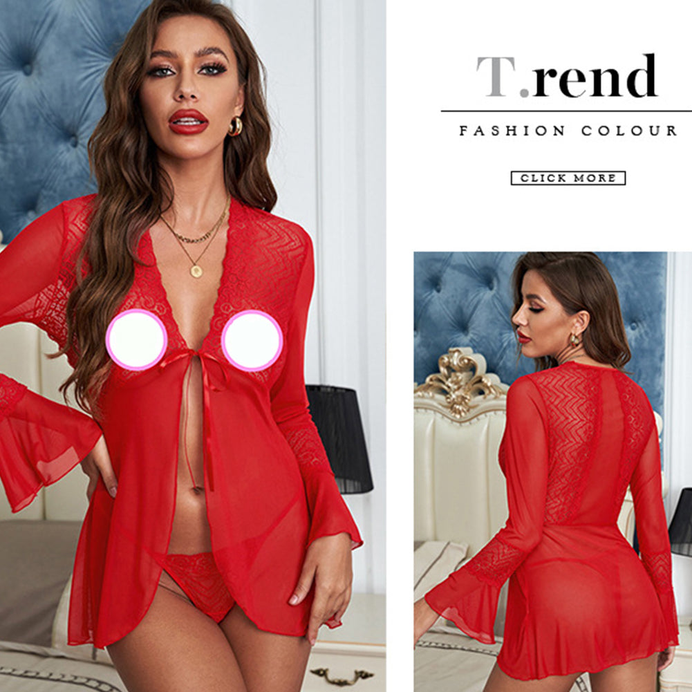 YESFASHION Sexy Lingerie Transparent Mesh Lace Cardigan Short Skirt