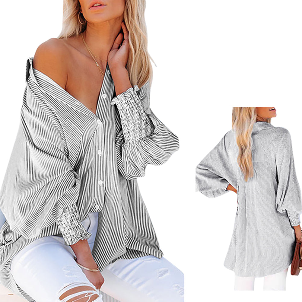 YESFASHION Ladies Tops Striped Stand Collar Loose Swing Puff Shirt