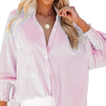 YESFASHION Ladies Tops Striped Stand Collar Loose Swing Puff Shirt