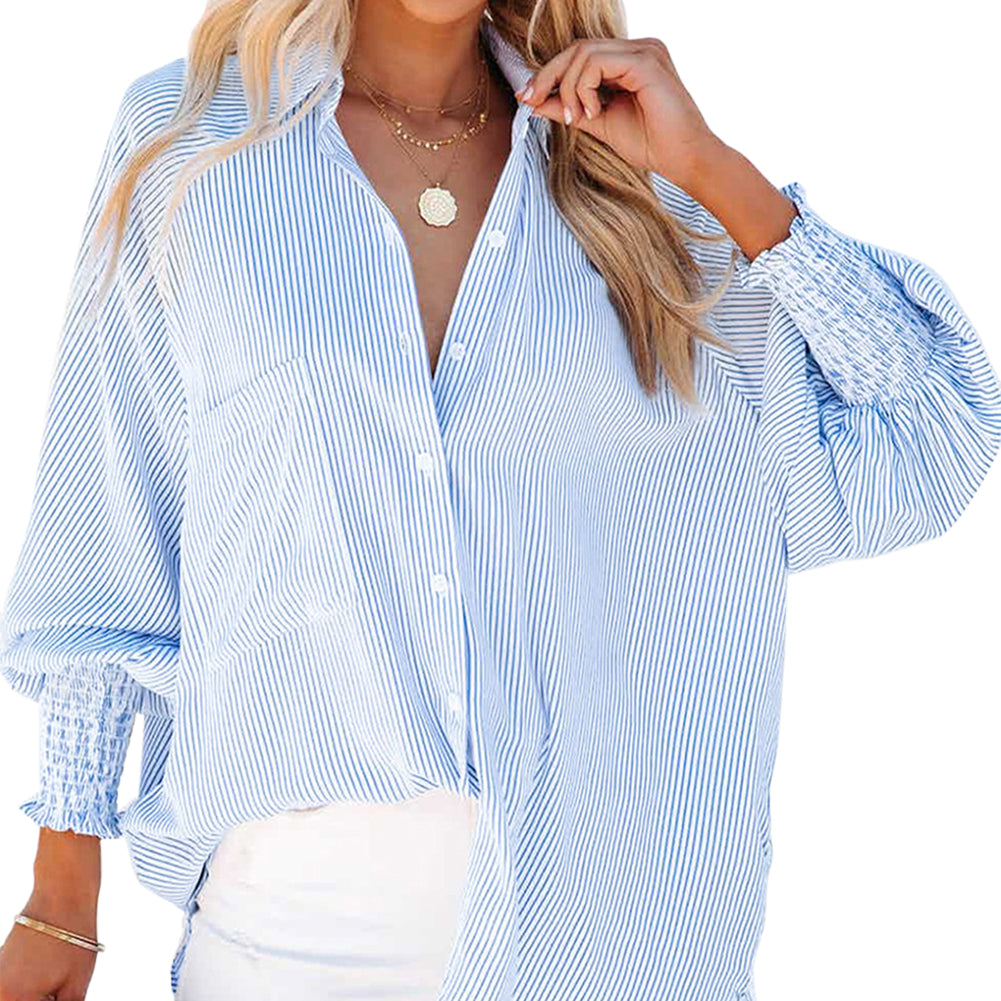 YESFASHION Ladies Tops Striped Stand Collar Loose Swing Puff Shirt