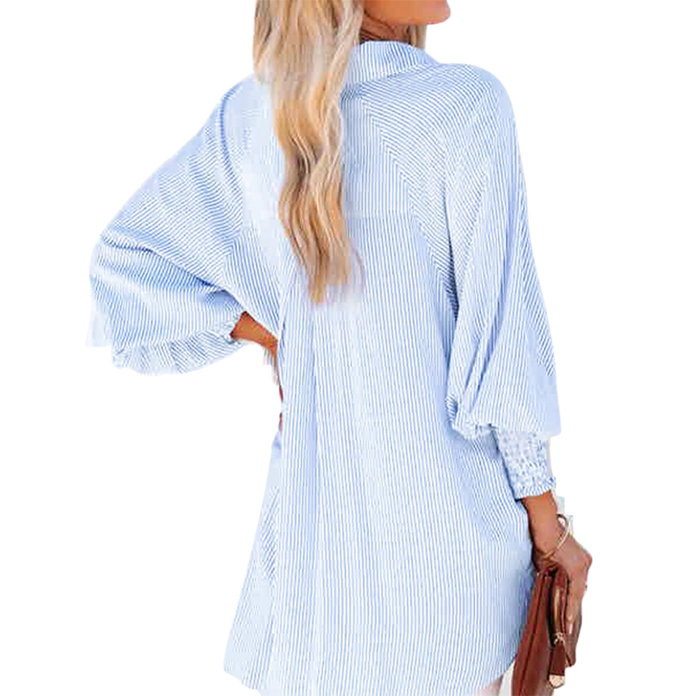 YESFASHION Ladies Tops Striped Stand Collar Loose Swing Puff Shirt