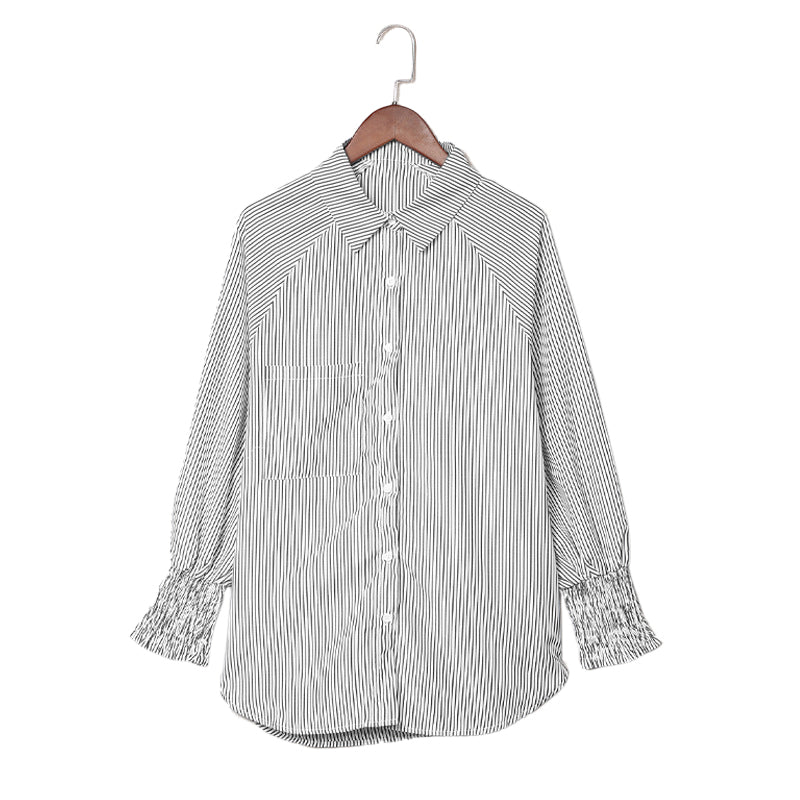 YESFASHION Ladies Tops Striped Stand Collar Loose Swing Puff Shirt
